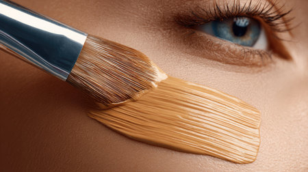 A close-up view of a makeup brush applying foundation to smooth skin, capturing intricate detail of texture and color, ideal for beauty and cosmetics visuals.の素材
