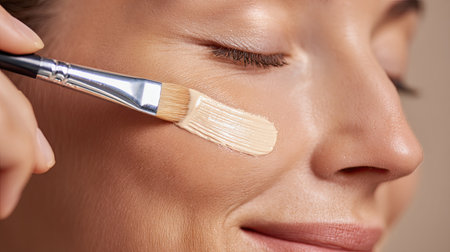 A close-up image of a woman applying foundation to her cheek with a brush, embodying the essence of a beauty routine. Ideal for cosmetic and skincare themes.の素材