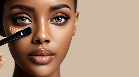 A young woman applying foundation with a brush, showcasing her beautiful skin and striking eyes. Perfect for beauty, makeup, and skincare themes.の素材