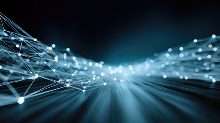 This abstract image showcases a digital network with glowing lines and luminous points, capturing the essence of technology and data connections in a dark setting.の素材