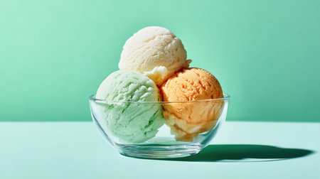 This vibrant image showcases three delicious ice cream scoops in a glass bowl, presenting a refreshing dessert perfect for summer occasions. Bright colors enhance its appeal.の素材