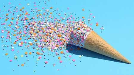A vibrant image of a melting ice cream cone spilling colorful sprinkles against a bright blue backdrop, evoking joy and fun summer memories.の素材