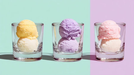 This vibrant image showcases three scoops of colorful ice cream in clear glasses, set against pastel mint and lavender backgrounds, perfect for summer treats.の素材