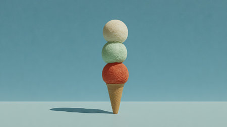 A visually appealing ice cream cone featuring three distinct flavors stacked neatly. The background is bright and clear, enhancing the vibrant colors of the ice cream.の素材