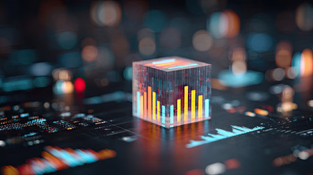 Dynamic 3D visualization of data trends in a vibrant cube showcasing financial performance on a digital backdrop. Ideal for technology and finance projects.の素材