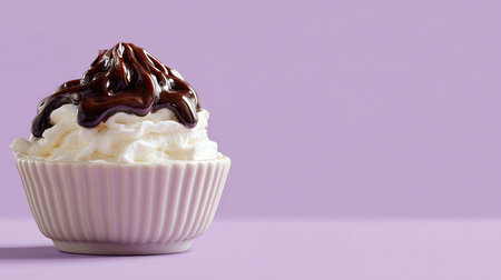 A delightful bowl of dessert featuring fluffy whipped cream topped with luscious chocolate sauce against a soft purple background, perfect for any sweet craving.の素材