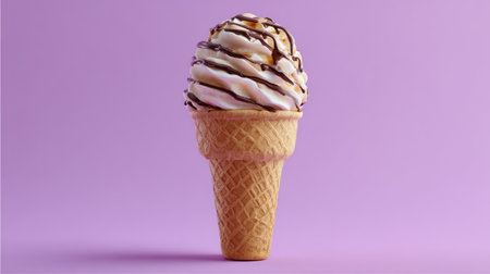 A delightful soft serve ice cream cone topped with rich chocolate drizzle, set against a vibrant purple backdrop. Perfect for summer treats and indulgence.の素材