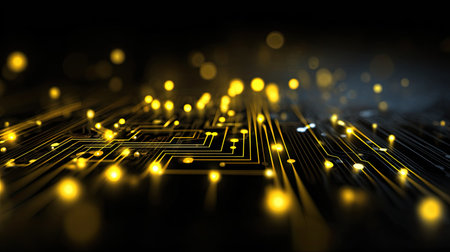 A stunning abstract image showcasing digital circuitry intertwined with glowing lights, creating a mesmerizing bokeh effect for technology and design purposes.の素材