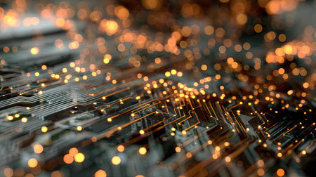 Captivating abstract image of a circuit board featuring glowing lights and a bokeh effect. Ideal for technology, innovation, and digital themes.の素材