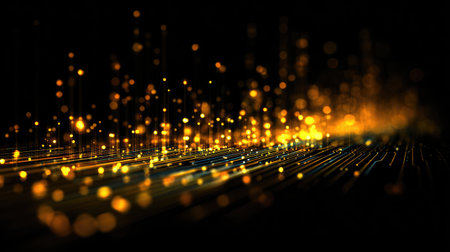 An enchanting abstract image featuring glowing particles and dynamic light trails on a dark background, perfect for tech designs, art projects, or creative visuals.の素材