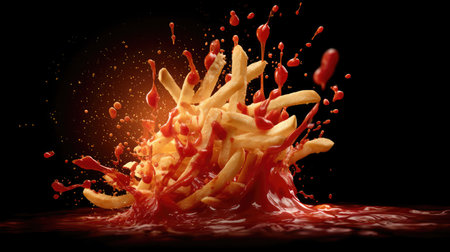 An artistic representation of crispy French fries splashed with vibrant red ketchup, capturing the essence of indulgent fast food in a striking composition.の素材