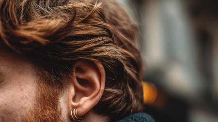 This close-up image captures a person's ear adorned with a stylish earring, showcasing wavy hair against a blurred urban backdrop, perfect for fashion and lifestyle themes.の素材