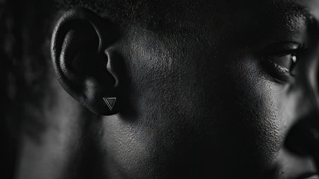 This striking black and white portrait captures the intricate details of a person's ear adorned with a geometric earring, highlighting their unique style.の素材