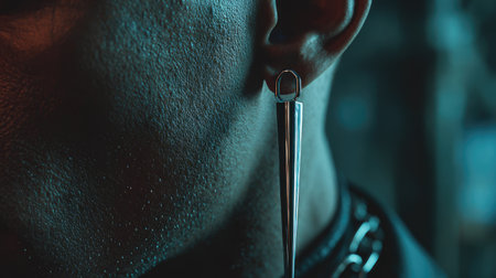 A striking close-up image featuring a male model wearing a unique metallic earring, captured in soft blue lighting to enhance the edgy aesthetic.の素材