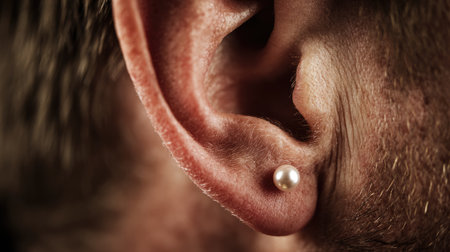 This close-up image captures a man's ear adorned with a delicate pearl earring, emphasizing personal style and fashionable choices in body adornment.の素材