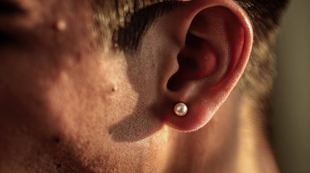 This close-up image highlights a human ear adorned with a classic pearl stud earring, revealing subtle skin textures and the play of natural light.の素材
