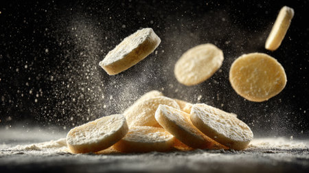 A stunning image showcasing cookies gracefully falling amidst a cloud of flour, creating a dramatic and artistic baking scene that captures the essence of culinary delight.の素材