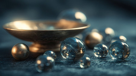 A captivating still life composition featuring delicate glass marbles scattered around a beautiful metallic bowl on a textured surface, showcasing elegance and reflective beauty.の素材