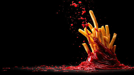This captivating image showcases a stack of golden French fries artistically drenched in vibrant red ketchup, creating an eye-catching splash effect against a black background.の素材