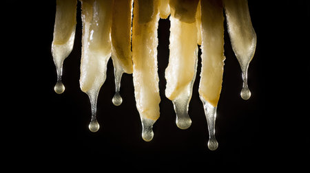 This striking image showcases slender candles melting, with wax droplets elegantly dripping against a black background. The interplay of light and texture creates an artistic composition that emphasizes warmth and serenity.の素材