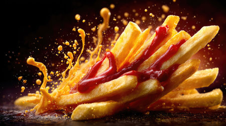 A mouthwatering display of golden crispy fries adorned with rich ketchup and cheese sauce. A dramatic splash accentuates the inviting presentation.の素材
