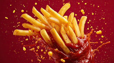A dynamic capture of crispy French fries enveloped in rich ketchup, creating an eye-catching visual with explosive splashes against a bold red backdrop.の素材