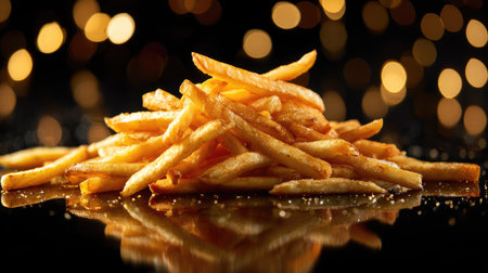 A tempting arrangement of crispy golden French fries stacked artfully with shimmering bokeh lights forming a warm and inviting background.の素材