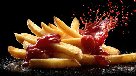 This vibrant image features crispy golden french fries generously topped with fresh ketchup, creating a delicious visual treat against a sleek black background.の素材