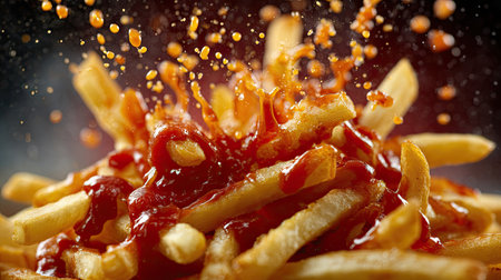 A close-up view of crispy golden french fries drizzled with rich ketchup, creating an enticing visual that captures the essence of indulgent snacking.の素材