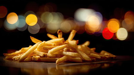 A tempting stack of crispy golden french fries stands out against a beautiful blurred nighttime background of colorful lights, enhancing the visual appeal.の素材
