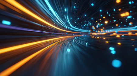 This stunning abstract image captures vibrant light trails that evoke a sense of movement and energy. Perfect for designs emphasizing innovation and technology.の素材
