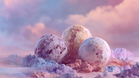 Delight in the visual feast of three vibrant ice cream scoops, nestled on a dreamy pastel background, celebrating indulgence and sweetness in a whimsical style.の素材