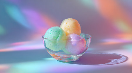 This image features three colorful ice cream scoops nestled in a glass bowl. Soft light reflections create a dreamy atmosphere, highlighting the refreshing treat.の素材