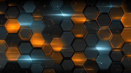 This abstract image showcases a geometric hexagon pattern with glowing lines in vibrant orange and blue hues, ideal for modern design projects.の素材