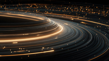 This mesmerizing image features swirling light trails with glowing particles, creating an enchanting abstract design. Ideal for digital art projects and visual creativity.の素材