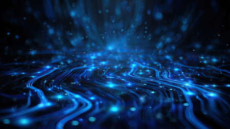 This mesmerizing abstract background features flowing blue waves illuminated by bright lights against a dark backdrop, perfect for digital and technology themes.の素材