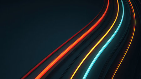 This captivating image features vibrant light trails in red, yellow, and blue colors gracefully curving against a dark background, creating a dynamic and modern visual experience.の素材