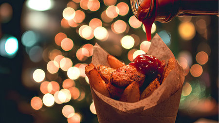 A close-up of delicious golden fries drizzled with ketchup, set against a vibrant holiday backdrop filled with colorful bokeh lights. Perfect for food lovers.の素材