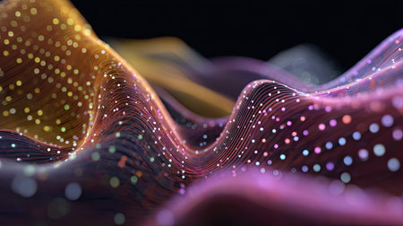 This image showcases vibrant abstract wave patterns illuminated by colorful lights. The flowing lines create a dynamic visual experience against a dark backdrop.の素材