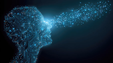 This striking image portrays a human profile made of digital circuitry with glowing particles emanating from the eye, symbolizing creativity and technological innovation.の素材