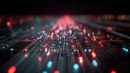 Explore a mesmerizing digital landscape featuring glowing red and blue lights flowing along circuit pathways, creating a dynamic and futuristic atmosphere.の素材