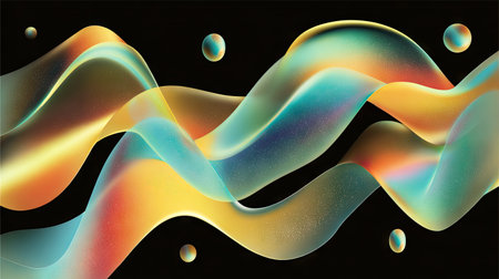 This vibrant abstract background features dynamic waves in bright colors, paired with circular elements, perfect for creative projects and digital art.の素材