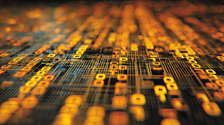 A mesmerizing abstract digital background featuring a multitude of glowing binary codes on a circuit board pattern, evoking themes of technology and data flow.の素材