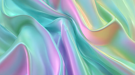 A stunning close-up of colorful iridescent silk fabric showcasing elegant waves and smooth folds. The soft pastel hues create a dreamy and luxurious effect, perfect for art and design projects.の素材