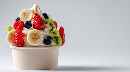 A tempting cup of frozen yogurt topped with an assortment of fresh fruits such as strawberries, blueberries, bananas, and kiwis, perfect for a sweet treat.の素材