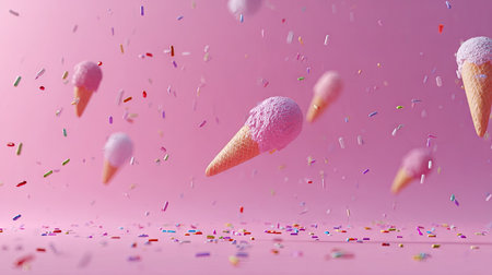 This whimsical image features floating ice cream cones with pink scoops and colorful sprinkles, set against a playful pink background. Perfect for evoking summer joy and sweetness.の素材