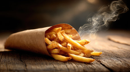A tempting image of freshly cooked golden French fries served in a vintage paper cone, exuding steam and presenting a mouthwatering treat against a rustic wooden backdrop.の素材