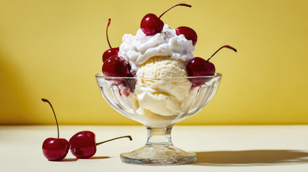 A charming display of vanilla ice cream garnished with fluffy whipped cream and bright red cherries, set against a cheerful yellow background, perfect for dessert lovers.の素材
