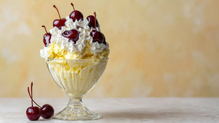 A visually appealing dessert featuring rich ice cream topped with fluffy whipped cream and cherries in a glass bowl. Perfect for summer celebrations.の素材