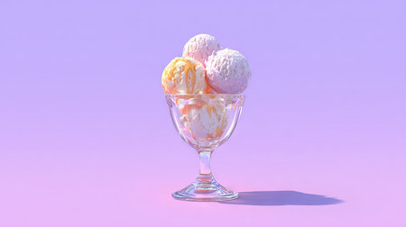 A delightful glass dish filled with colorful scoops of ice cream captures a playful essence against a soft purple background, perfect for summer enjoyment.の素材